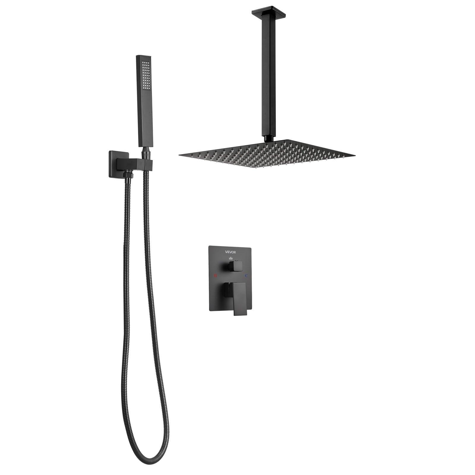 VEVOR Shower Faucet Set, Rainfall Bathroom Shower System with 10-Inch Square Rain Shower Head and Handheld Spray, Ceiling Mount Bath Fixtures with Brass Valve and Trim Kit, Matte Black