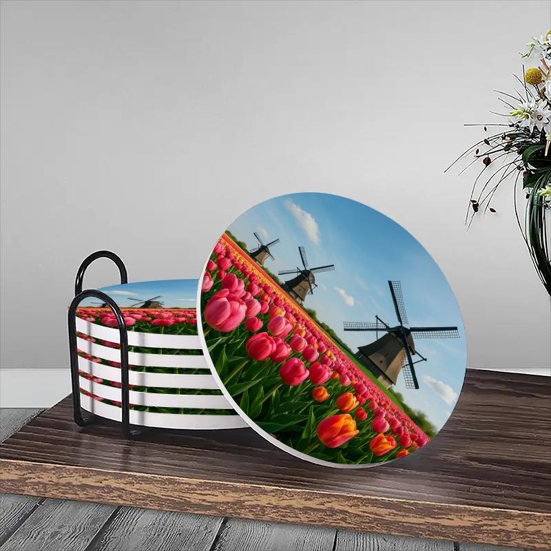 6-Piece Coaster Set Windmill Tulip Design Ceramic Non-Slip Heat Resistant for Coffee & Drinks Home Restaurant Decor Ideal Gift