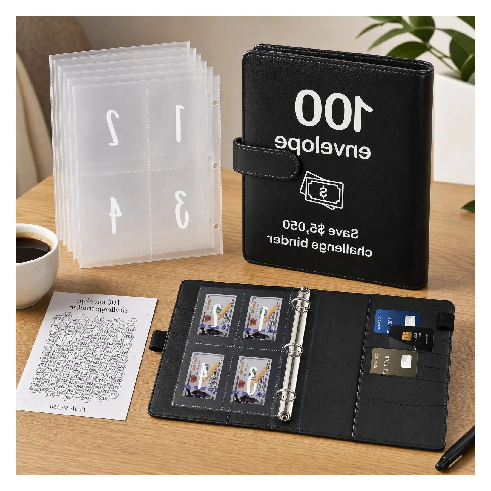 100 Envelopes Money Saving Challenge Binder with Laminated Tracker & Cash Envelopes, Easy and Fun Way to Save $5,050 (Black)Gift