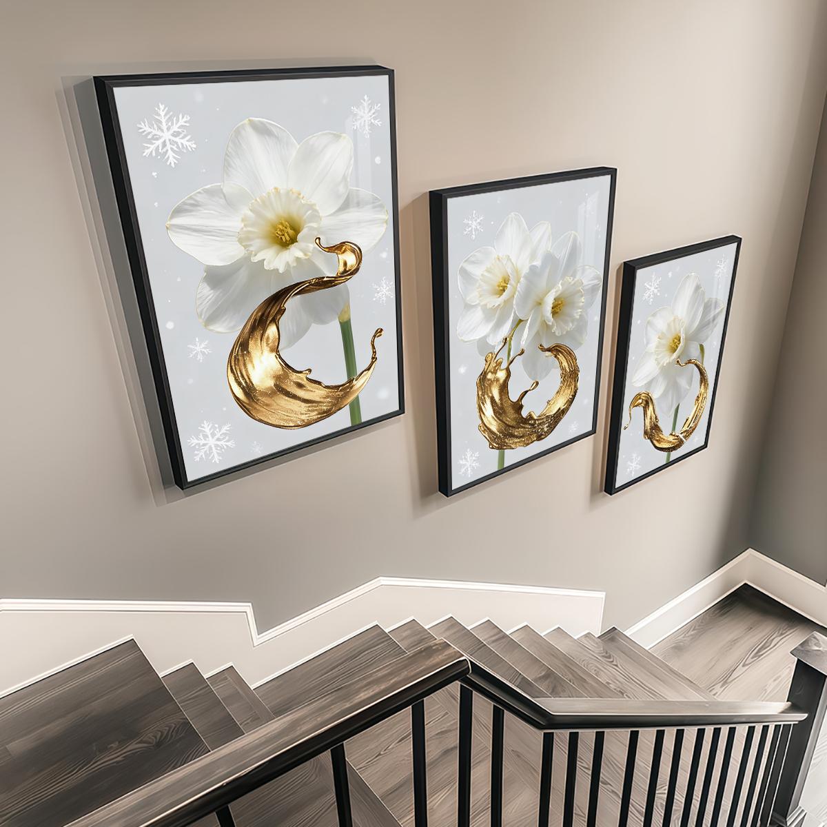 3 Counts Aluminum Alloy Framed Painting, White Daffodil Gold Splash Art Pictures, Home Decoration For Living Room, Bedroom, Office, Restaurant, Hallway Wall Decor, Odorless Print Artwork, Luxury Perfect Gift For Friends And Family