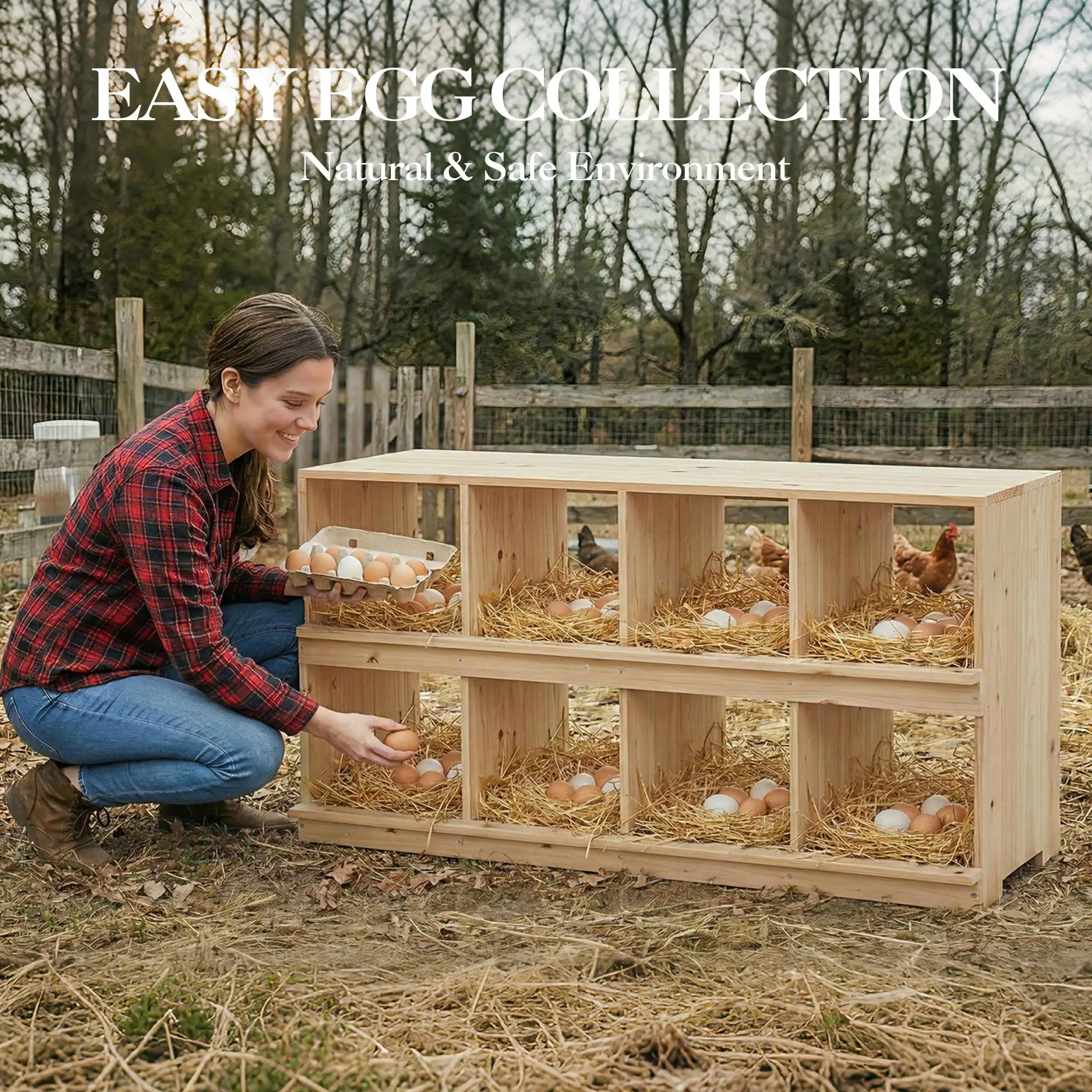 Wooden Chicken Nesting Box for Hens & Poultry – Double-Deck Design – 2-Tier or Single-Tier – 4/6/8 Compartments – Wall-Mounted or Floor-Standing Options – Egg Roll Proof – Easy Egg Collection – Natural Wood – Sun-Resistant – Ideal for Chickens