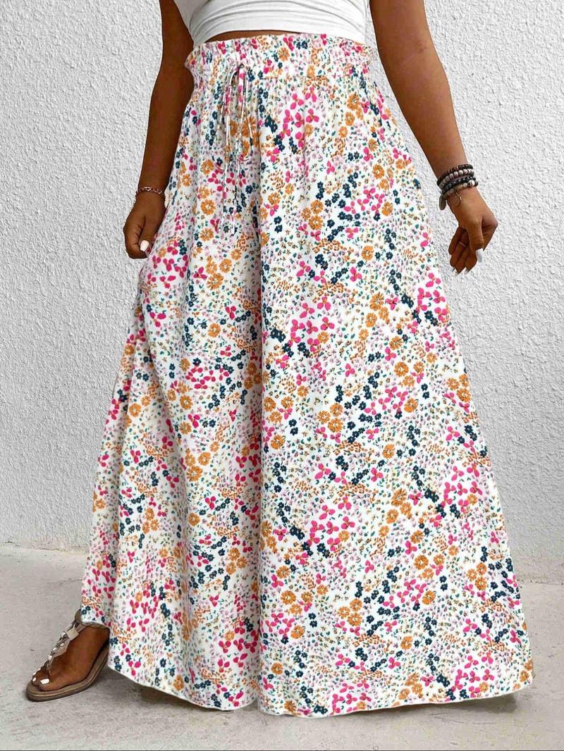 ["Plus Size"] Floral Print Pants, Bohemian Street Trousers, Boho Casual Comfy Wide Leg Trousers for Vacation Holiday, Women's Bottoms for Summer