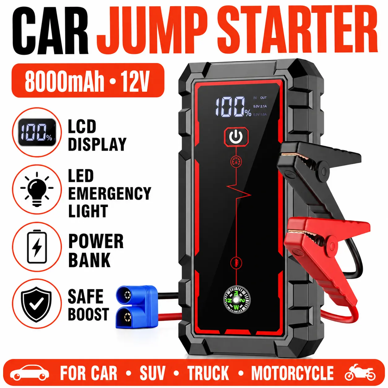 8000mAh 12V Portable Jump Starter for Cars and Trucks, Battery Booster with LCD Display, LED Emergency Lighting, Power Bank Function and Heavy-Duty Clamps for Roadside Use