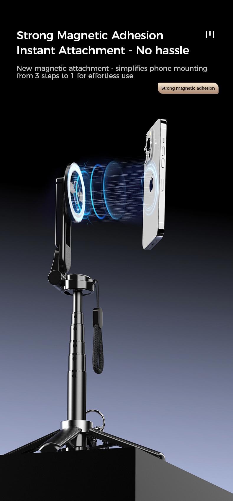 2026 New 4-in-1 Multifunctional Magnetic Selfie Stick 360° Rotation Compact Stylish with Wireless Bluetooth Control Magnetic Phone Holder for Selfies Video Recording Vlogging Compatible with Most Phone Modes Tripod Stabilizer ，Max extend to 14.96 inches