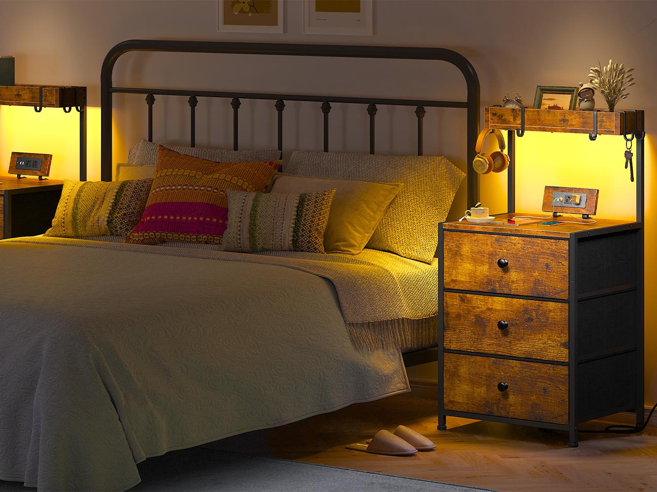 LED Nightstand Set of 2 with 3 Fabric Drawers & Shelf & Hooks, Tall Nightstand with LED & Power Outlet , End Table with Charging Station, Bed Side Table for Bedroom Furniture, White, Black, Rustic Brown