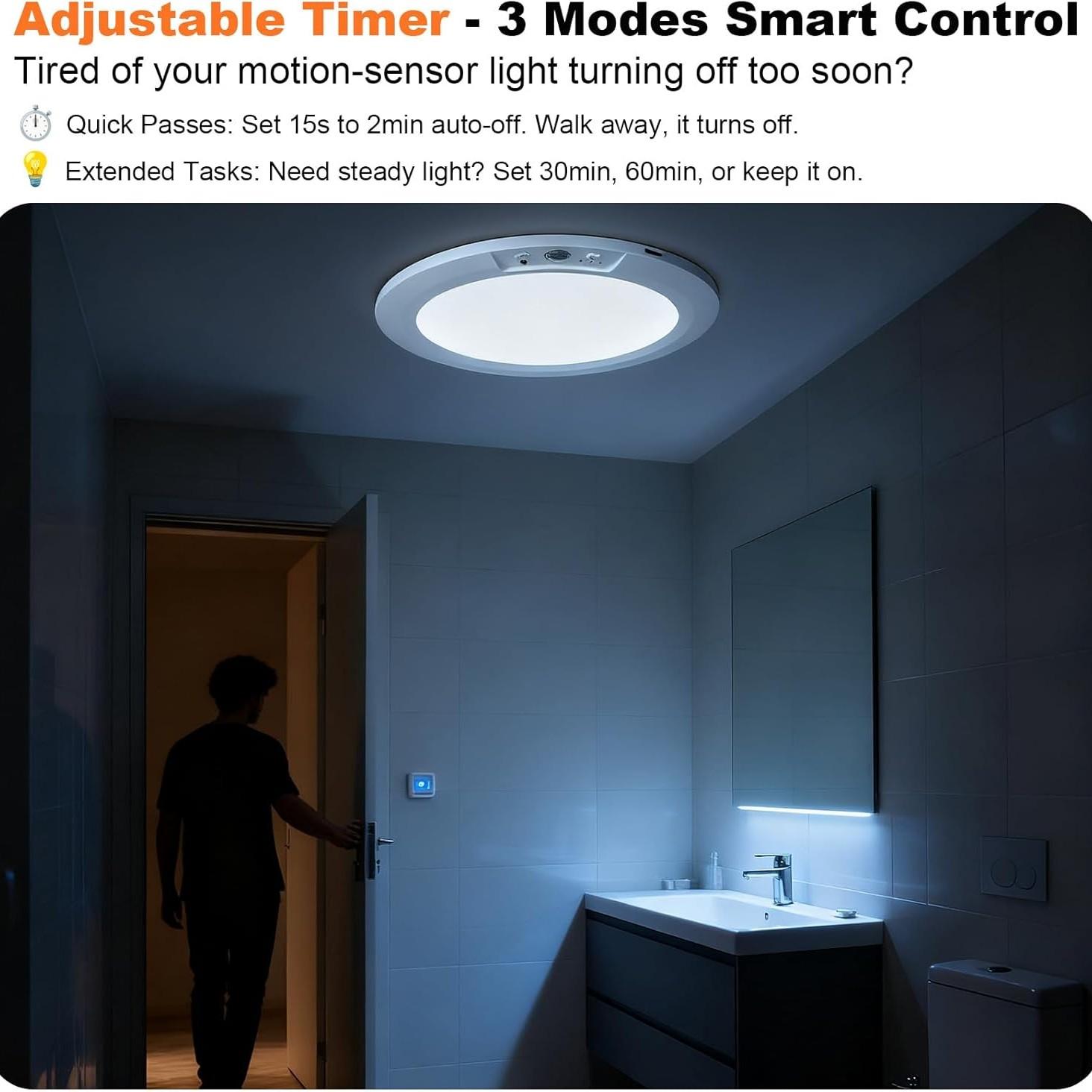Battery Powered Ceiling Light Rechargeable Motion Sensor Lamp Indoor Wireless Shower Light with Remote Control Adjustable Lighting 3000k 4500k 6500k Adjustable Timer