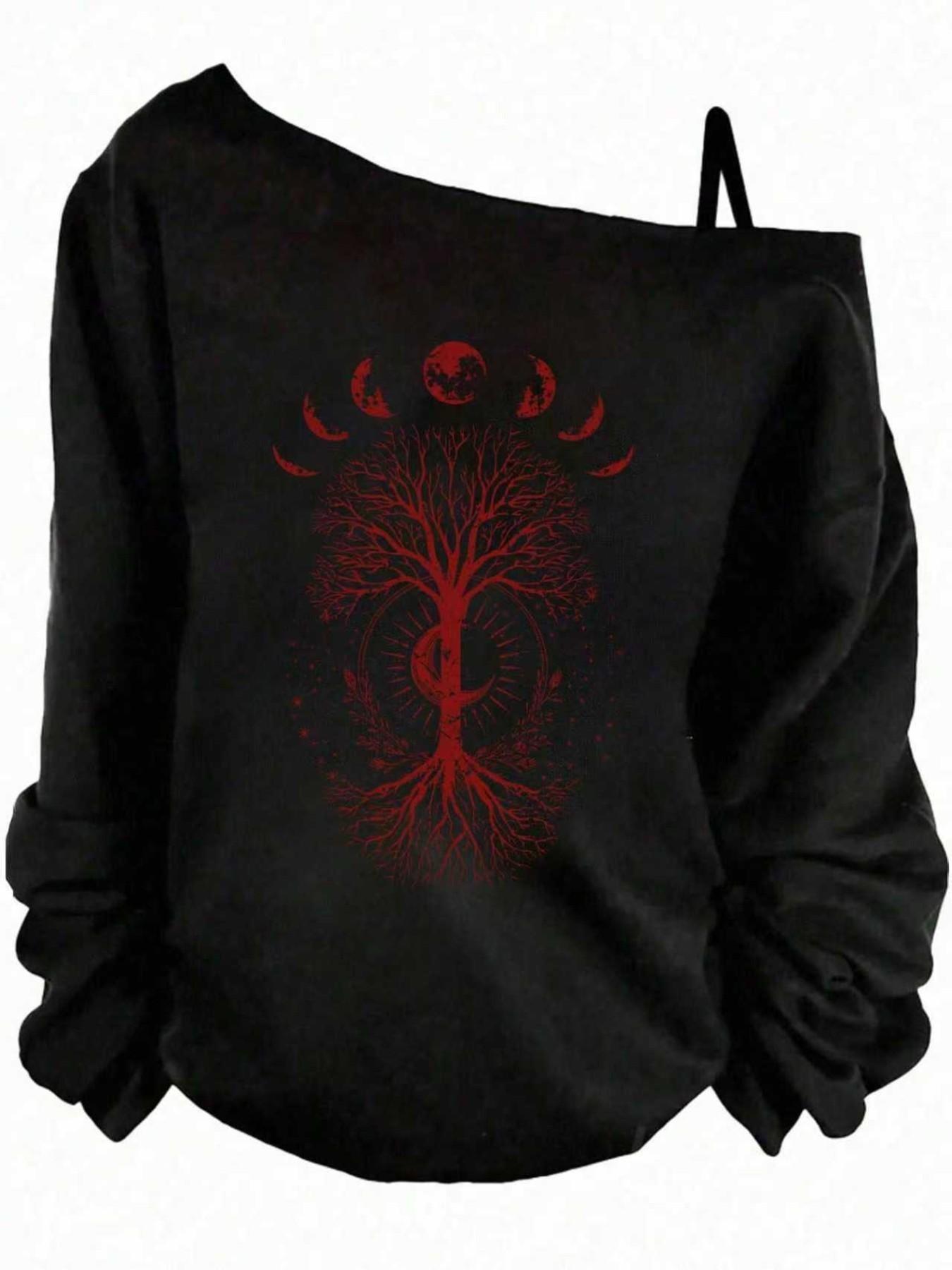 Women's Off-Shoulder Slouchy Casual Sweatshirt, Moon Phase Tree of Life Print, Oversized Pullover, Boho Occult Graphic, Women's Tops, Womenswear, Spring&fall