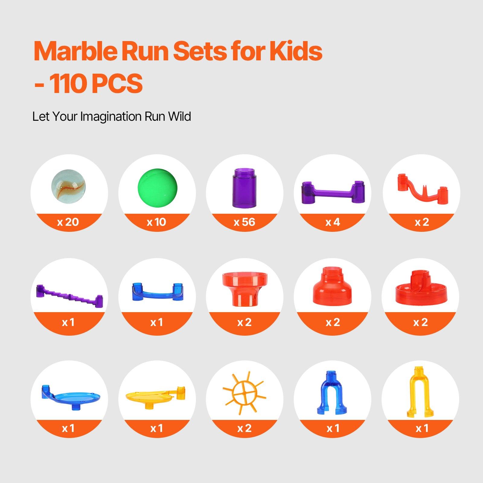VEVOR Marble Run Set, 110 Piece Marble Maze Building Block Brain Game, with 10 Glow in the Dark Marbles + 20 Glass Marbles, Educational Learning Race Track STEM Toys, for Kids, Boys, Girls Ages 3 +