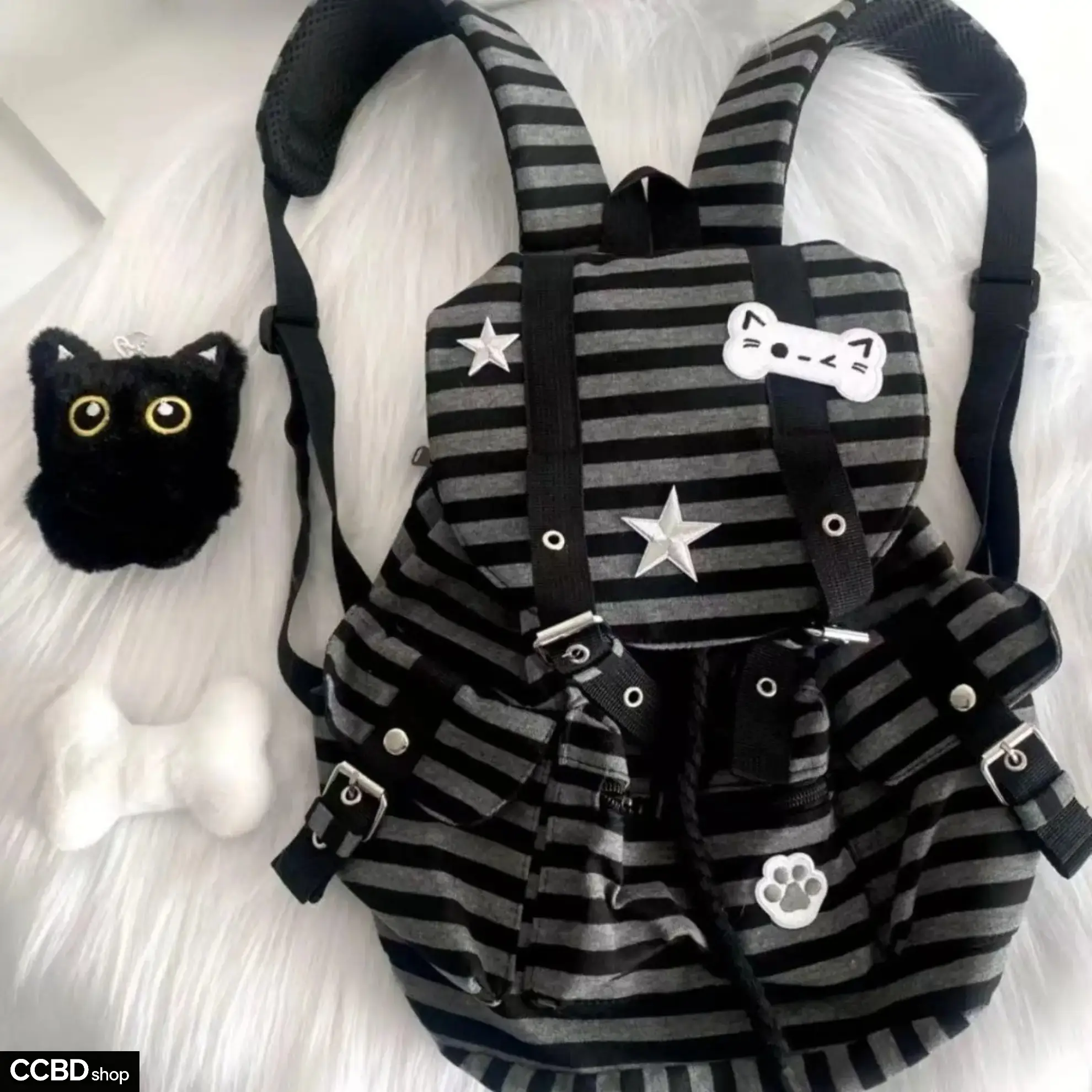 Y2K Cute Punk Unisex Nylon Backpacks for Women - Multi-Pocket, Large Capacity, Water-Resistant, Cat Paw, Star, Colorblock Stripe Designs + Love Heart Chain Necklace, Random Fine Jewelry Earring Set (School/Travel Use)