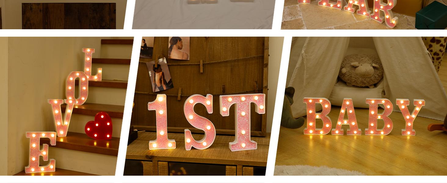 LED Letter Lights Pink Glitter Marquee Letters Light Up Alphabet Letters Sign Battery Powered for Home Party Decoration Night Bar Wedding Birthday Christmas Lamp Girls Gift - Letter A