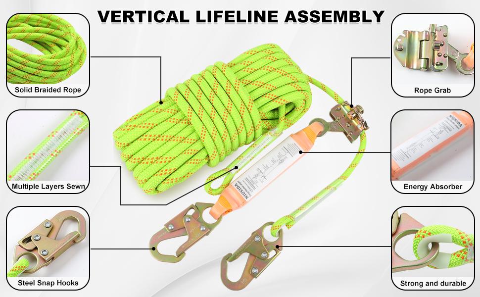 25FT Length Polyester Fall Arrest Safety Rope Harness Lanyard Kit, Adjustable Safety Gear with Grab Snap, Shock Absorber for Vertical Roofing, Tree Climbing