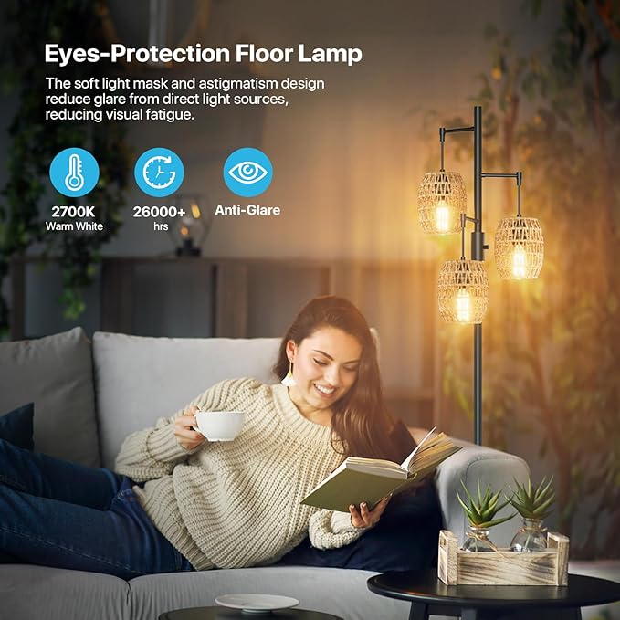 GLITGATE Rustic Standing Lamp with Foot Switch, Dimmable Boho Floor Lamp, 70 Inch Tall Floor Lamp with 3 Rattan Shades, Bohemian Floor Lamps Gracefully Standing for living room, bedroom, dining room, and office