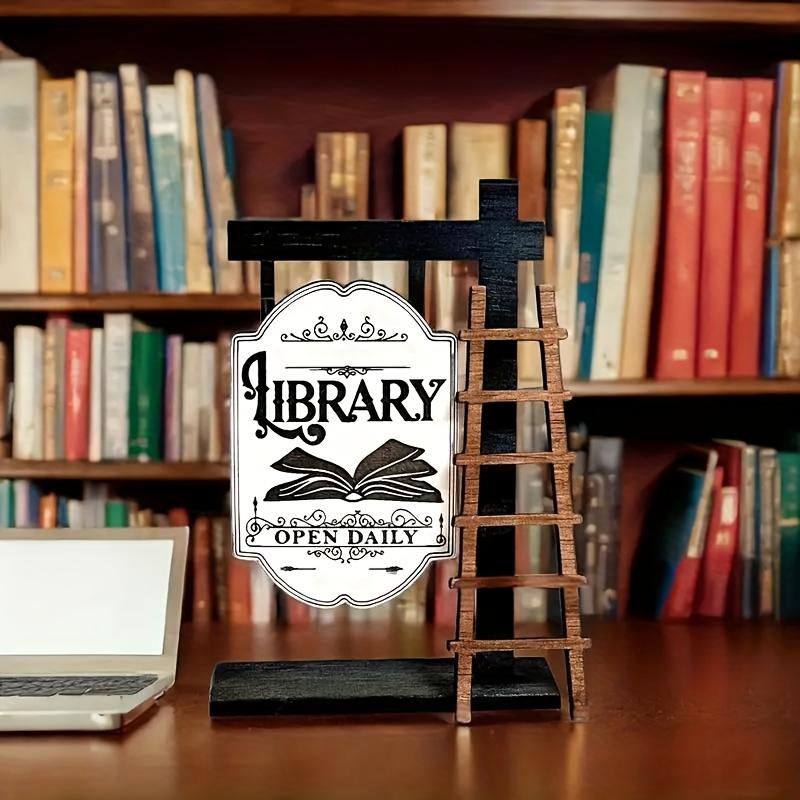 Vintage Wooden Library Sign, Elegant Shelf Design, Mini Desktop Decor, English Text, Home and Office, Desk Accessories, Book Decoration