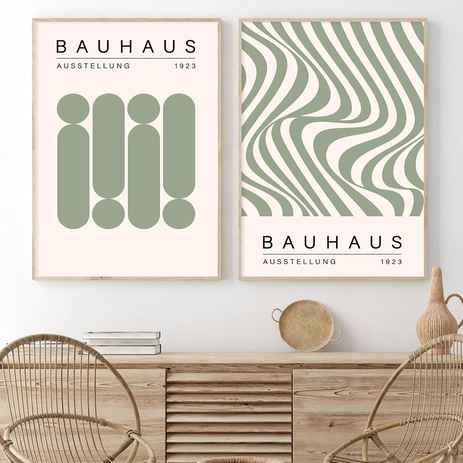 3pcs/set Geometric Line Wall Art Bauhaus 1923 Poster Sage Green Abstract Paintings Mid Century Modern Artwork Bauhaus Exhibition Poster Abstract Shape Prints Boho Modern Picture for Livingroom Unframed