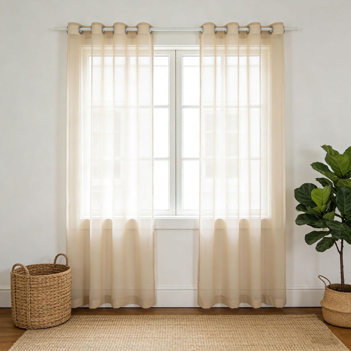 2pcs Creamy Sheer Voile Curtain, Living Room Bedroom Style Perforated Floor-To-Ceiling Window Shade, Balcony Semi-Transparent Curtain