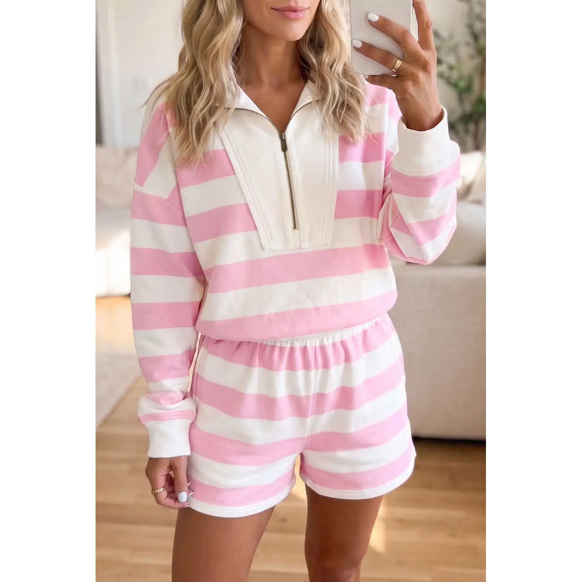 Women's Ribbed Striped Patchwork Zipper Pullover & Elastic Waist Shorts 2-Piece Set, Women's 2 Piece Outfit, Two Piece Set