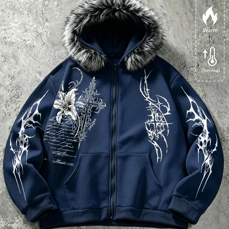 Men's Faux Fur Collar Zipper Hoodie Jacket, Loose Fit Warm Gothic Cross Lily Print, Street Style Casual Outerwear, Y2K Dark Color Clothing