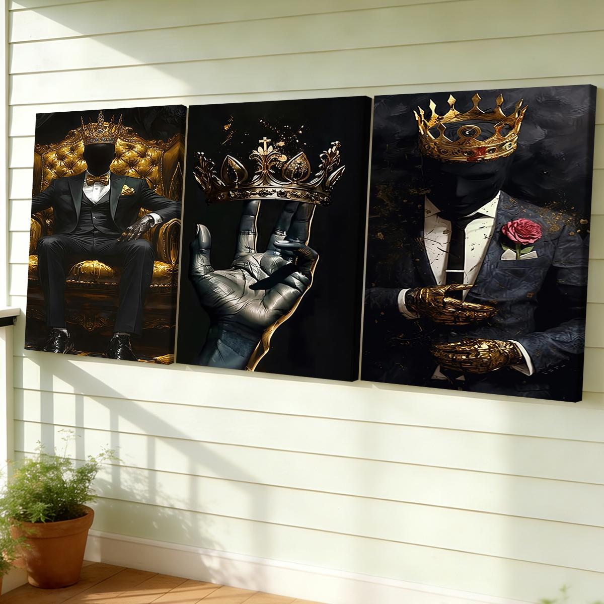 3 Counts Wooden Framed Canvas Painting, Golden Crown King Abstract Art Images, Exquisite Poster, Perfect Living Room Decoration, Modern Home Decor, Modern Art, Fashion Family Poster, Wall Art Decoration, Waterproof Art, Abstract Design