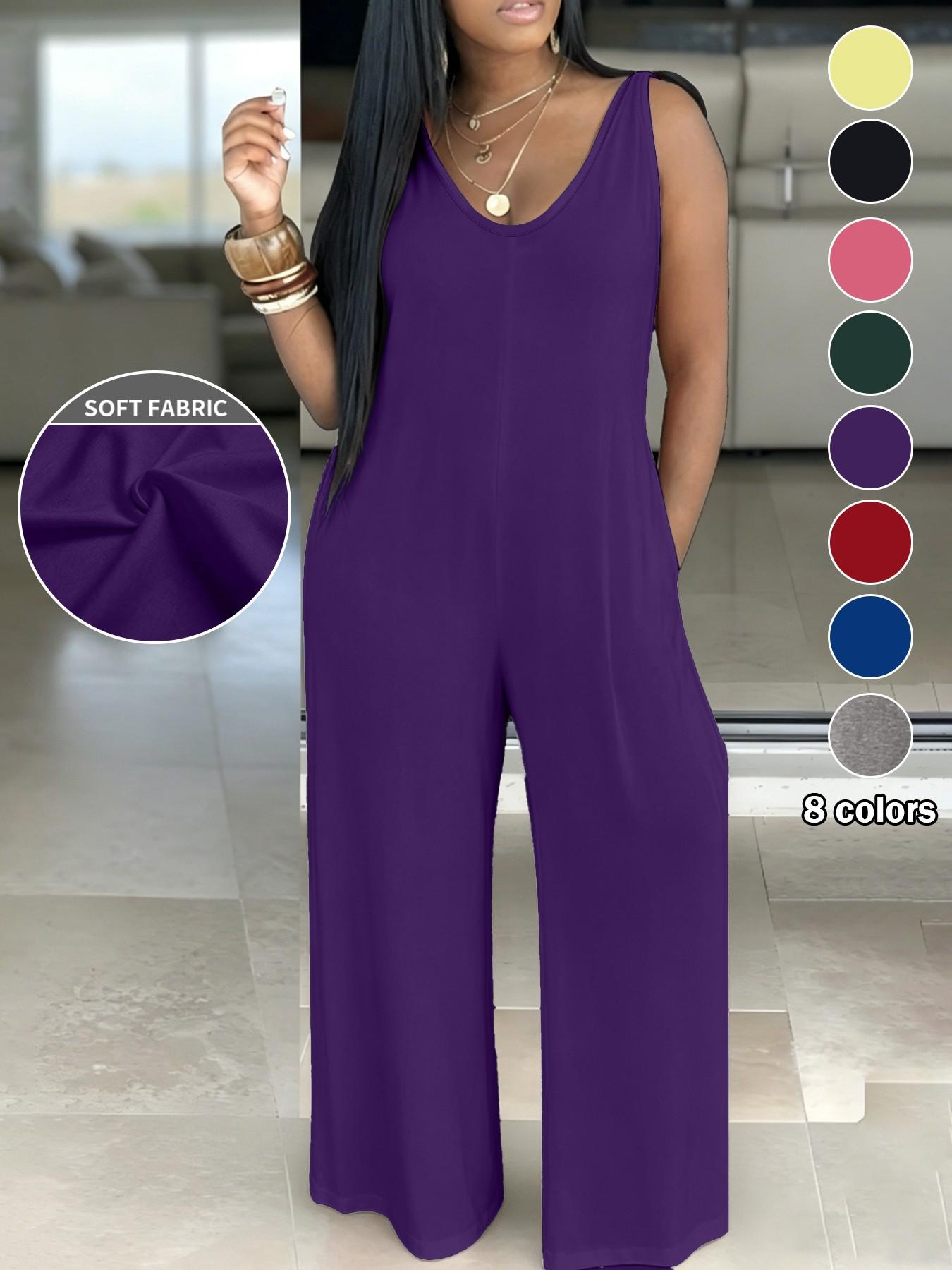 Plus Size Women's Casual Loose Simple Solid Sleeveless Pockets Wide-Leg Hooded Jumpsuits for Everyday Wear Basic