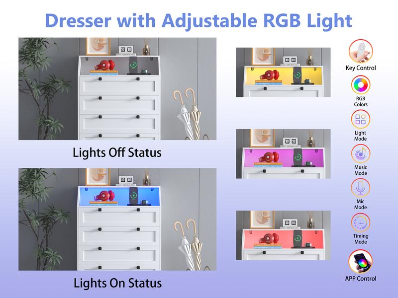 Nightstand with Charging Station，Drawer Dresser with LED Light, Space-Saving Tall Dresser Organizer for Bedroom, Hallway, Closet,Living Room, Furniture Orgaization