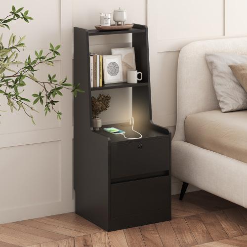 Bellemave Smart Nightstand with Charging Station, Voice-Controlled Night Light, Bookshelf, Storage Cabinet, White, W15.74*D15.74*H41.14, 7 Light Colors, 1 AC Outlet, 2 USB Ports
