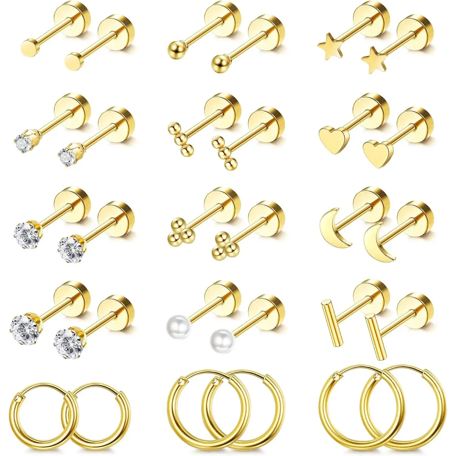 FIASASO Small Hypoallergenic Flat Back Stud Earrings for Women Men 14K Plated Gold Surgical Stainless Steel Earring Sets Tiny Screw Back Cartilage Earrings for Sensitive Ears