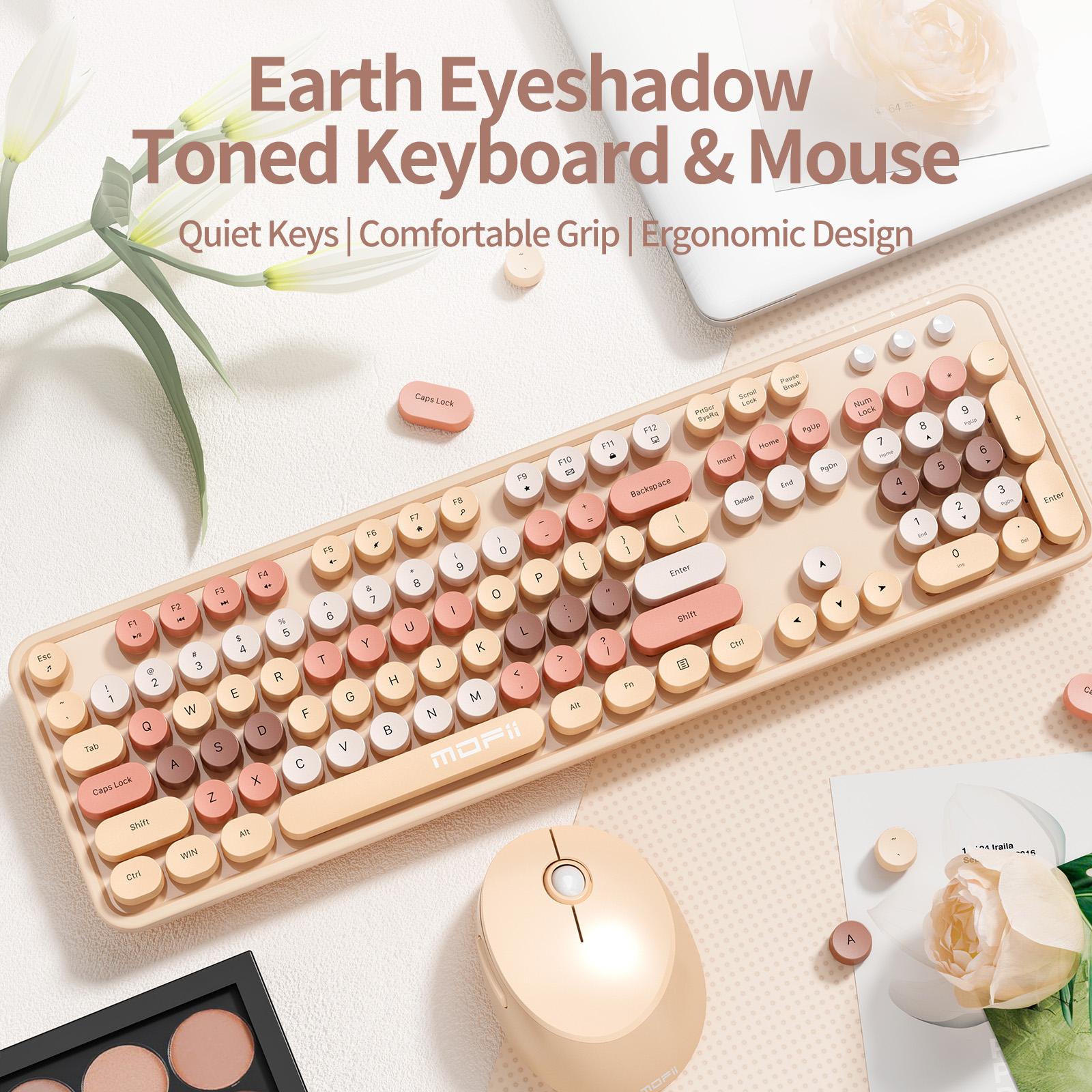 MOFii 1 Set Wireless Keyboard and Mouse Combo, Milk Tea Color Retro Round Keys, 2.4G Plug and Play Office Keyboard Mouse, Compatible with Laptop & Desktop, US Qwerty (Battery Not Included)