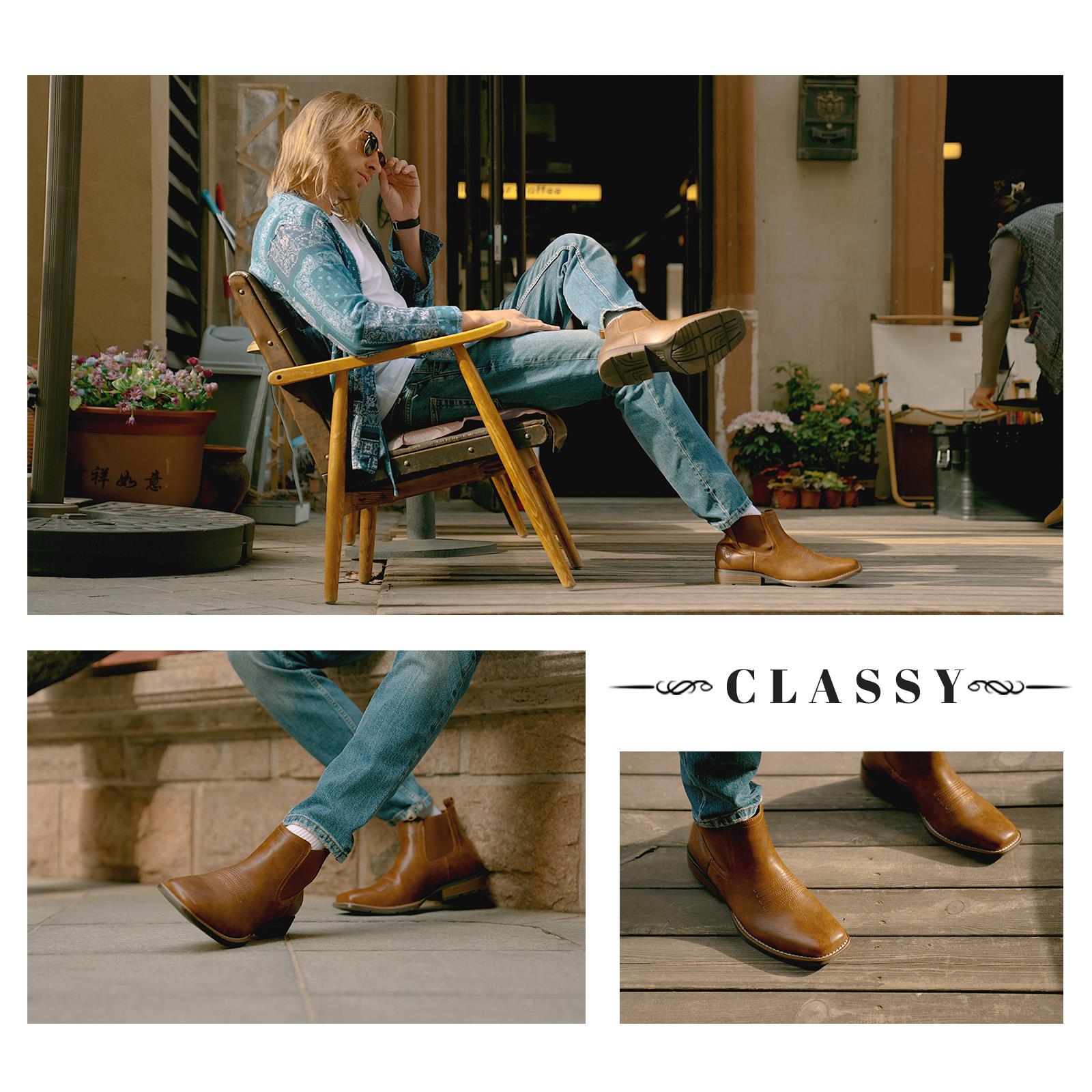 IUV Cowboy Boots For Men| Ankle Boots Western Boot Casual Dress Slip On Chelsea Men Leather Footwear Walking Shoes Black Closed Decor black boots