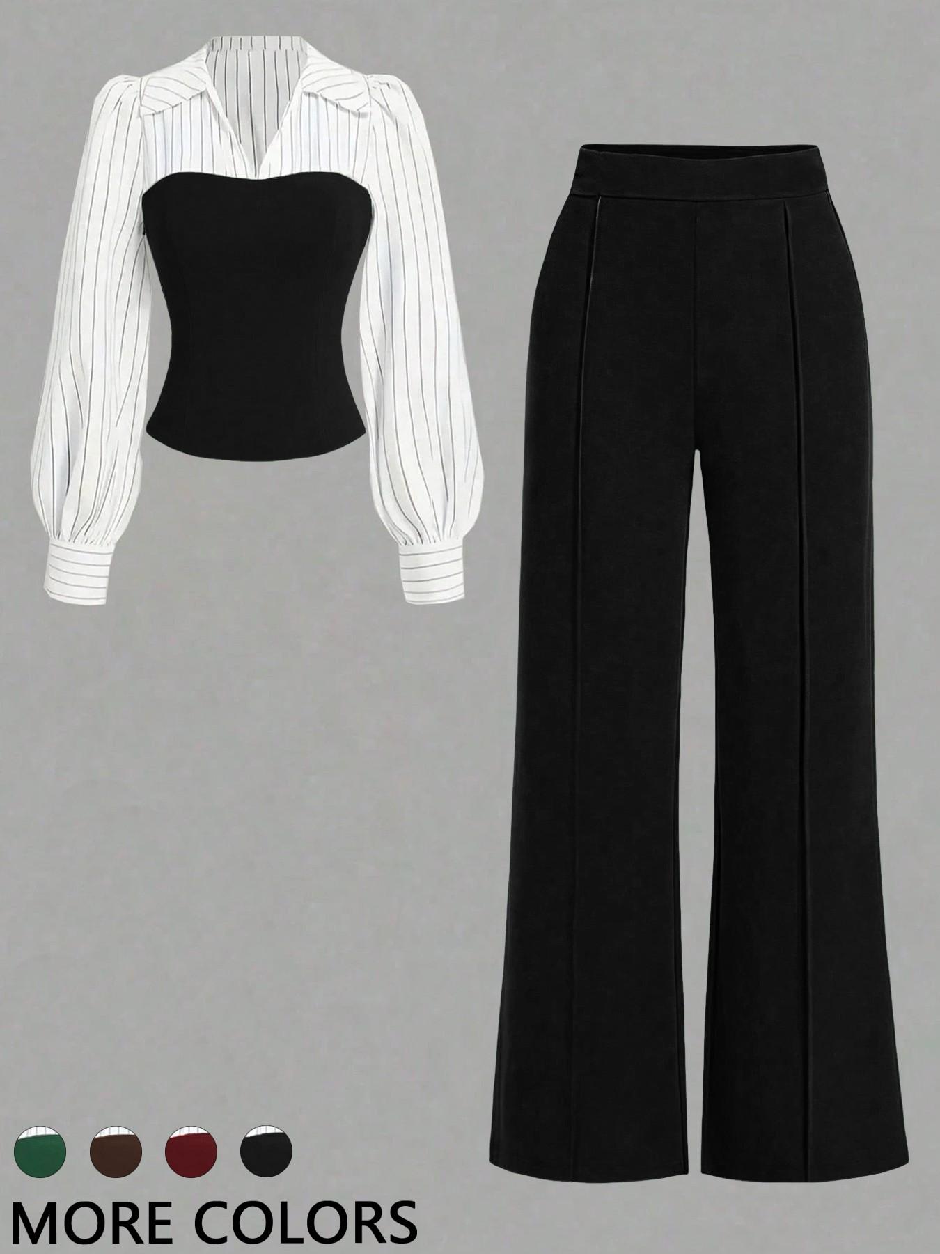 Women's Long Sleeve Colorblock Patchwork Shirt Set, Slimming Waist Design, Straight Leg Pants, Casual Fashion, 2 Piece Set