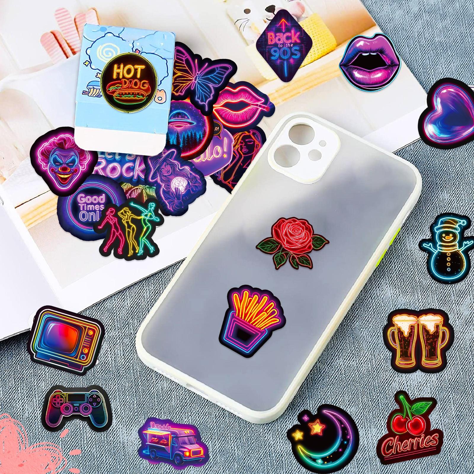 50 Sheets Creative Neon Graffiti Stickers for Luggage & Laptop Decals, Unique Non-Repeating Designs, Perfect Decorations