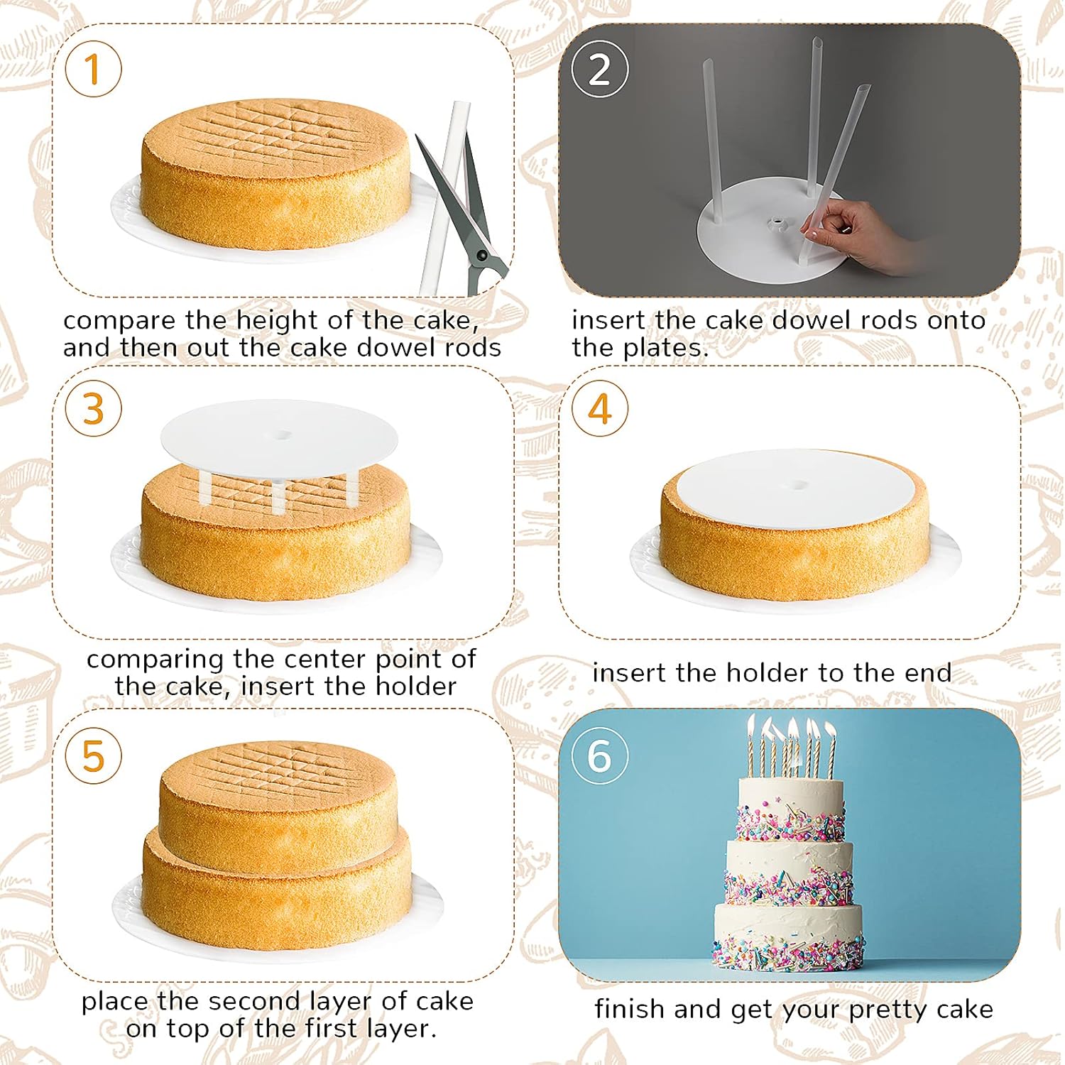 15 count Cake Separator Plates Stands Set include 3 count Separator Plates 6, 8, 10 Inch Cakes 12 count Plastic Sticks Support Rods for Construction and Stacking