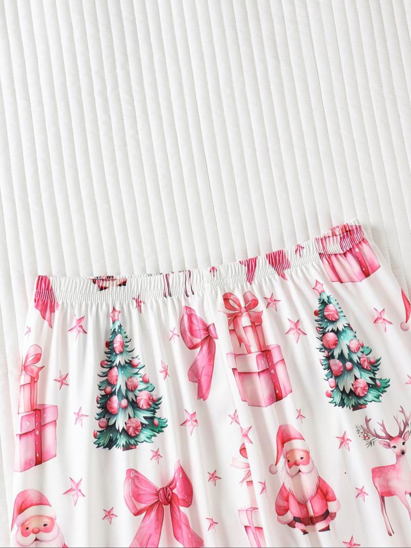 Women's Christmas Santa Gift Pajama Set, Round Neck Long Sleeve & Loose Comfortable Pants, Casual Fitted Sleepwear Loungewear for All Seasons