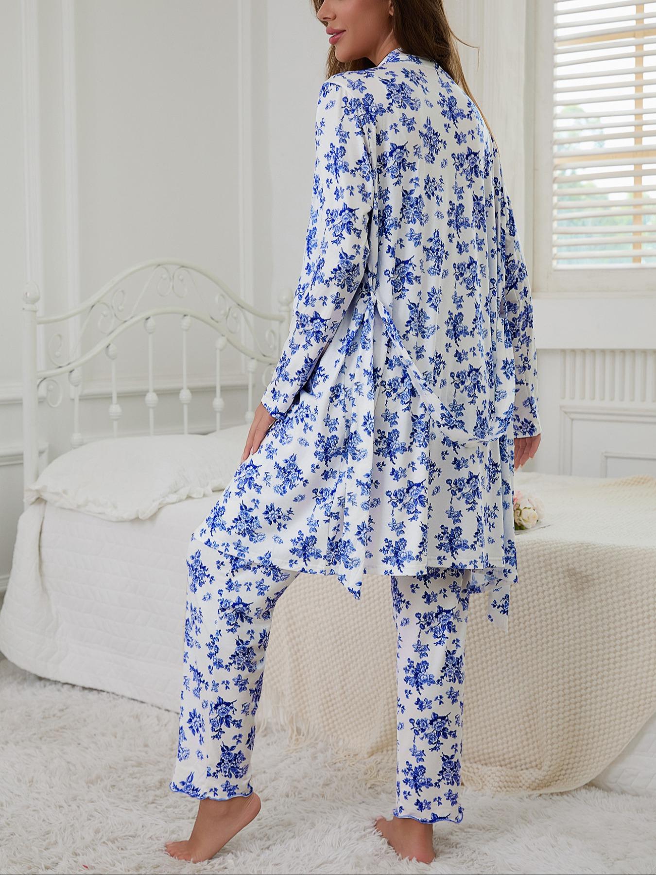 Three-Piece Set Women's Floral Butterfly Print Lettuce Trim Belted Lounge Robe & Cami Top & Pants Pyjama Set, Casual Comfy Three-piece Sleepwear Set for Women, Ladies Sleepwear for All Seasons Pajamas