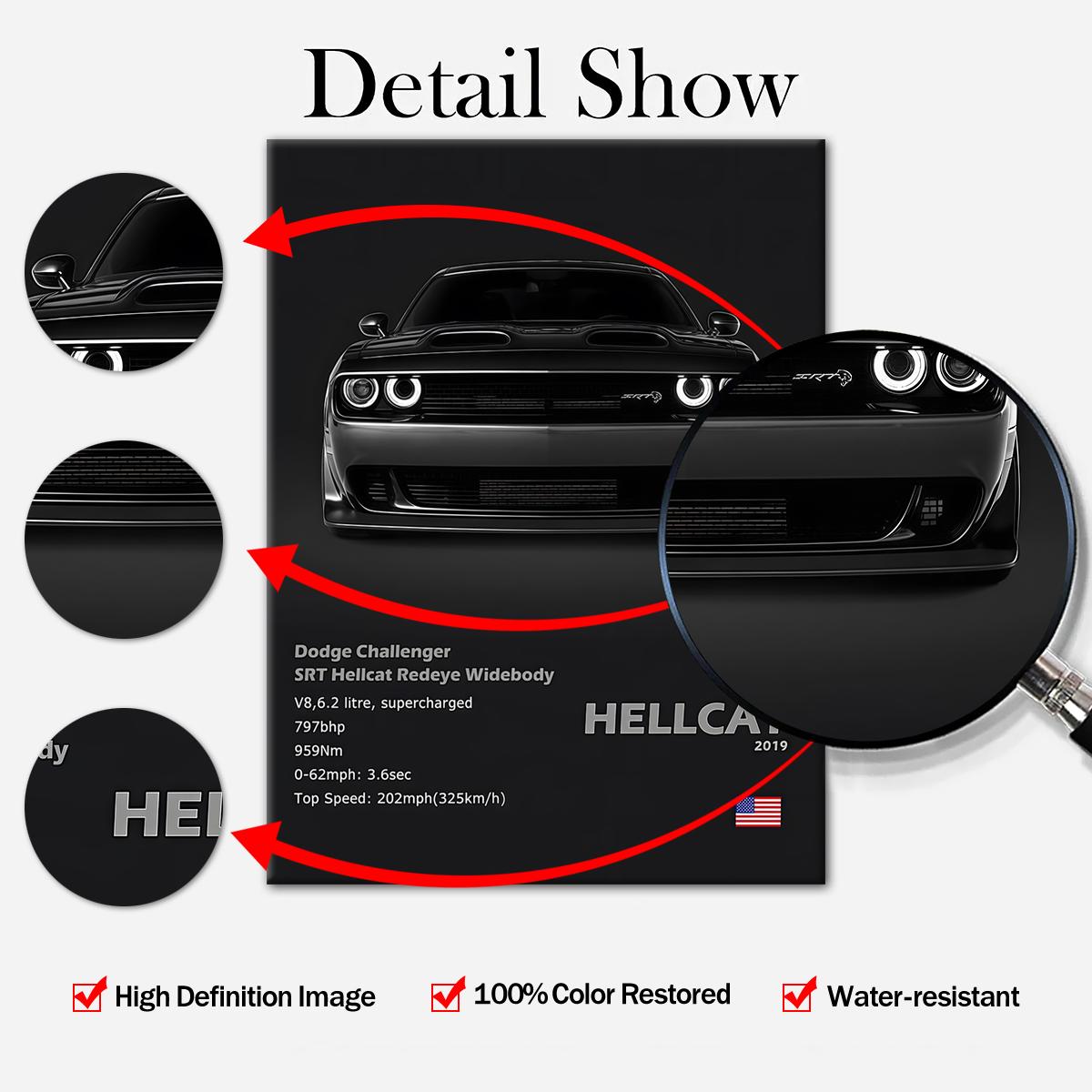 1 Count wooden frame canvas, Dodge Challenger SRT Hellcat poster, Cool car pattern decoration, Fashion Art Hallway Office Mural, Exquisite poster Home Decoration, Ideal Gift, HD, waterproof art, Wooden Wall Art