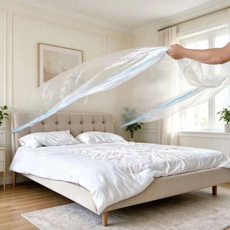 Disposable Bed Dust Cover with Elastic Band, Full Wrap Clear Plastic Bed Protector Cover, Waterproof Furniture Dust Sheet for Home Renovation, Moving & Long Vacations