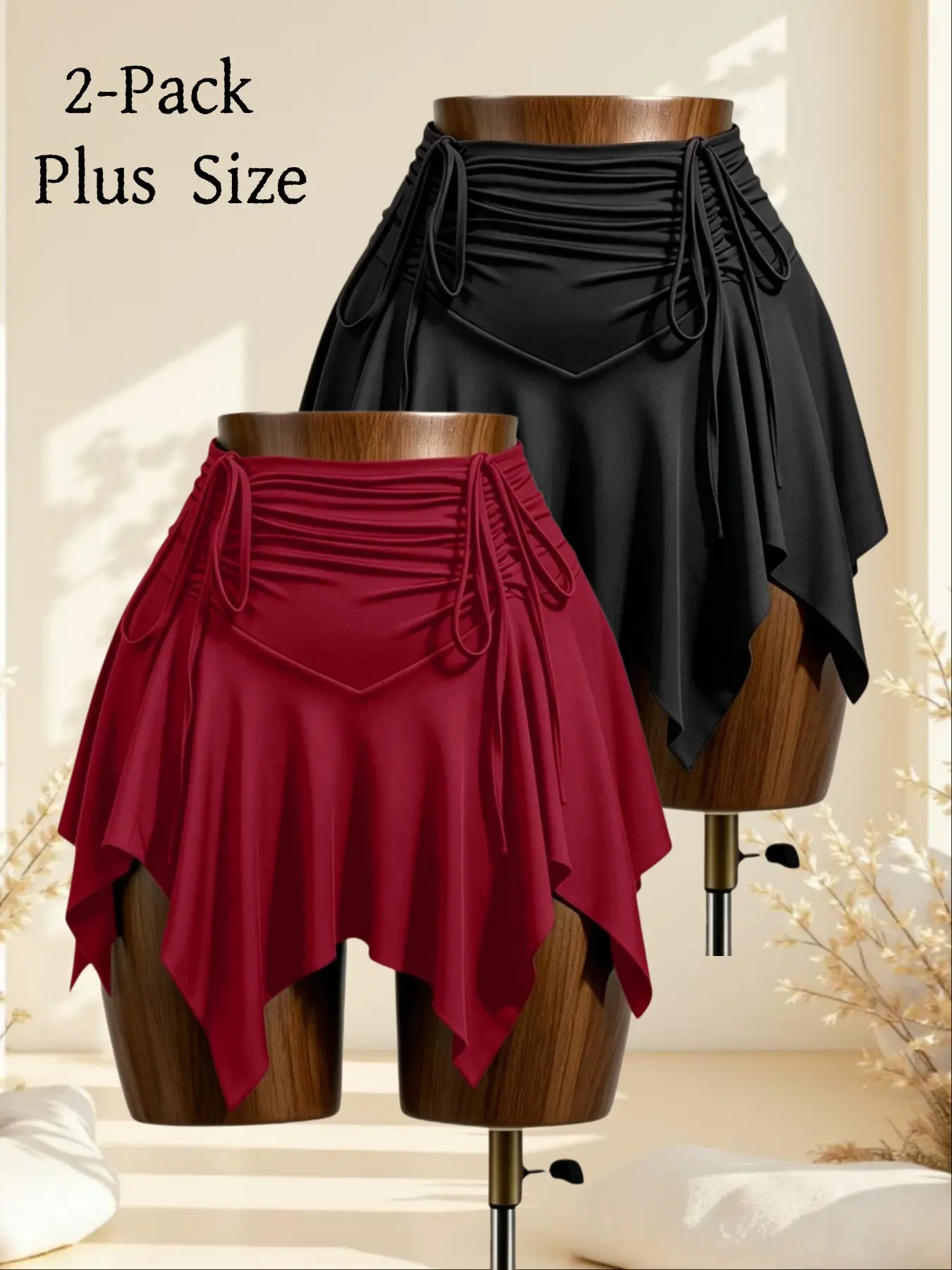 Plus Size American Style Drawstring Asymmetrical Short Skirt, High Waist Pleated Sexy Slimming Half Skirt Set of Two