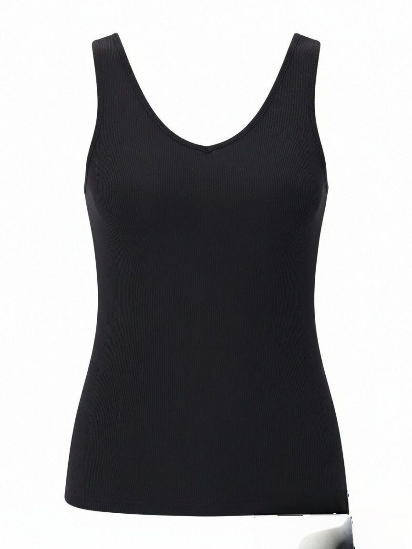 Women's Solid Color Sports Tank Top, V Neck Ribbed Sleeveless T-Shirt, Breathable Comfort Underwear, Moisture Wicking Shirt