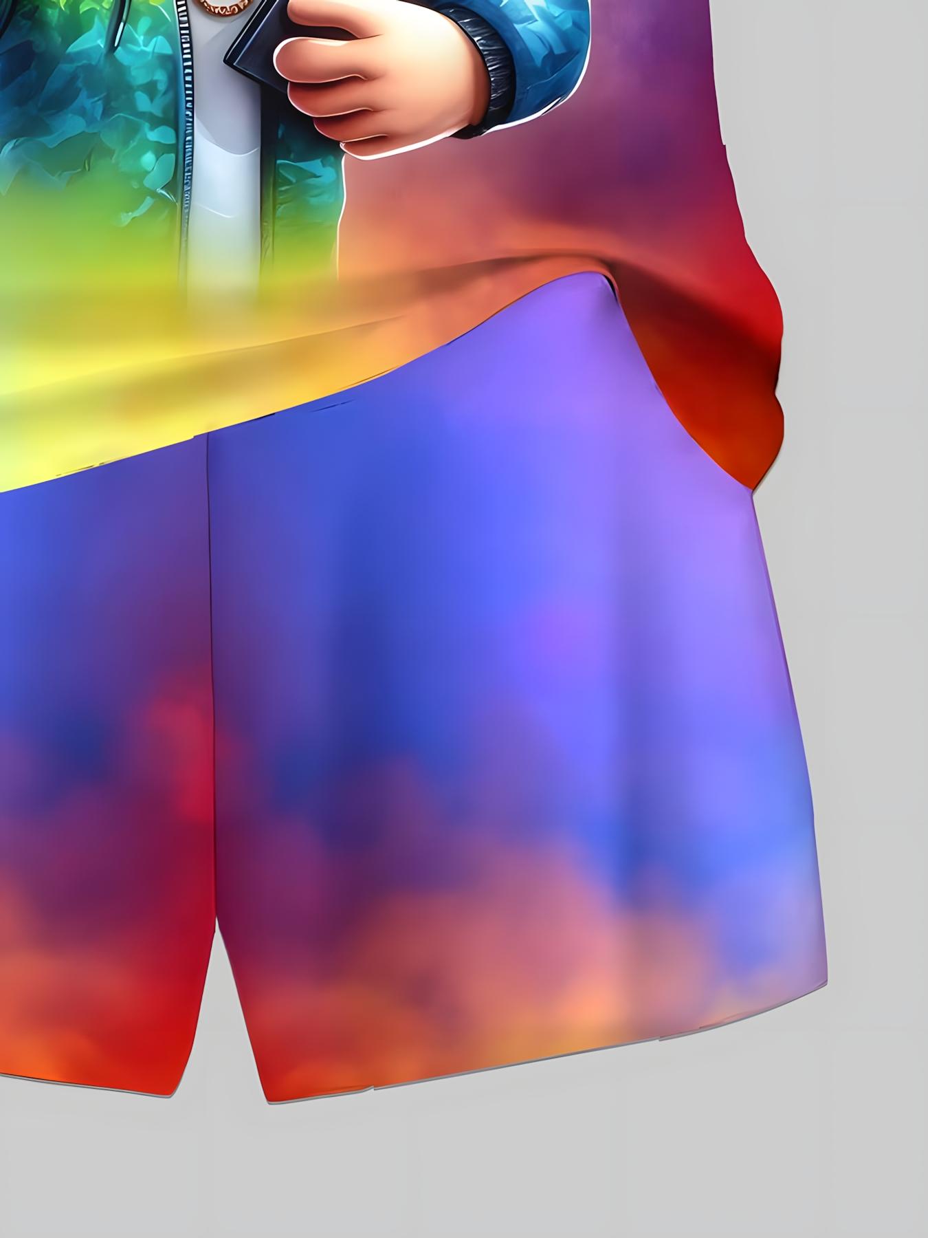 Roblox Rainbow Anime Set, Gradient Color Role-Playing Short Sleeve Shorts, Casual Two-Piece Party Outfit for Girls