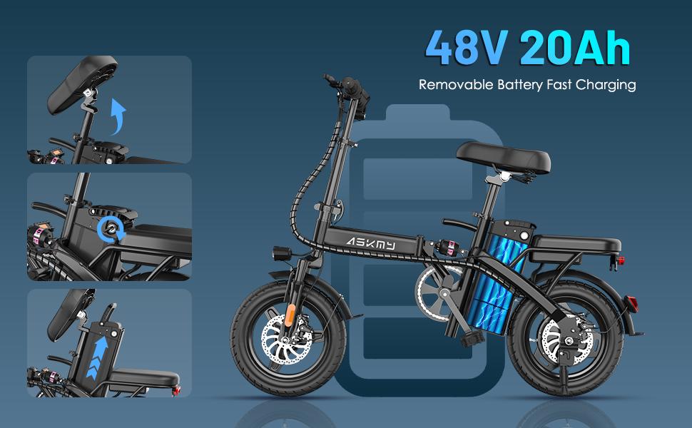 ASKMY E14 Folding Electric Bike 1000W Peak Motor, Up to 45 Miles Range | 14" Tubeless Tires, Dual Disc Brakes | UL Certified, Puncture-Tested Battery, 12-Month Warranty, Lightweight Design