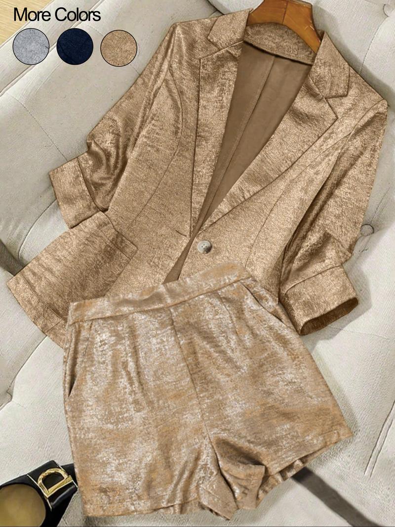 Two-Piece Set Women's Solid Color Blazer & Shorts, Casual Outerwear & Shorts for Daily Wear, Ladies Clothes for Summer Suits