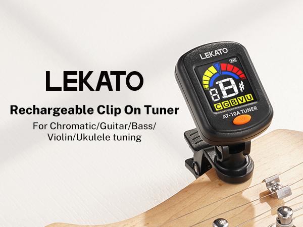 LEKATO Guitar Tuner, LCD Color Screen Clip On for Acoustic Electric Guitar Bass,Ukulele Violin,Chromatic Tuning Modes,Rechargeable Digital Tuner for Stringed Instruments
