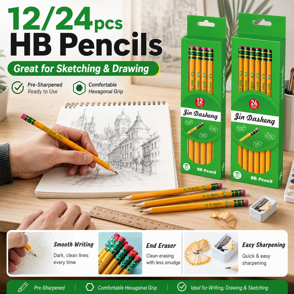 12/24PCS Pre-Sharpened HB Pencils Set, Yellow Hexagonal Wooden Writing Pencils with End Eraser, Smooth Graphite Lead, Easy Sharpening and Comfortable Grip for Students, School Supplies, Drawing, Sketching, Notes, Exams and Office Use