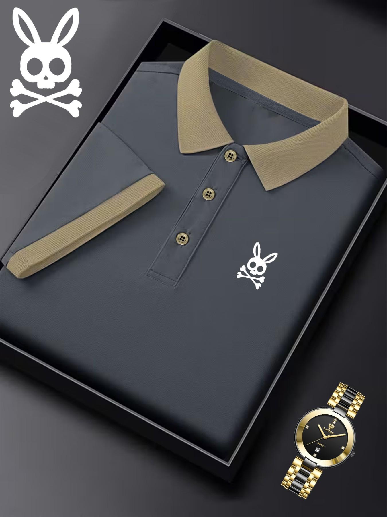 Men's Ff4370 Skull Rabbit Print Polo Shirt, Casual Fitted Short Sleeve, Breathable Elastic Fabric, All-Season Wear, Style
