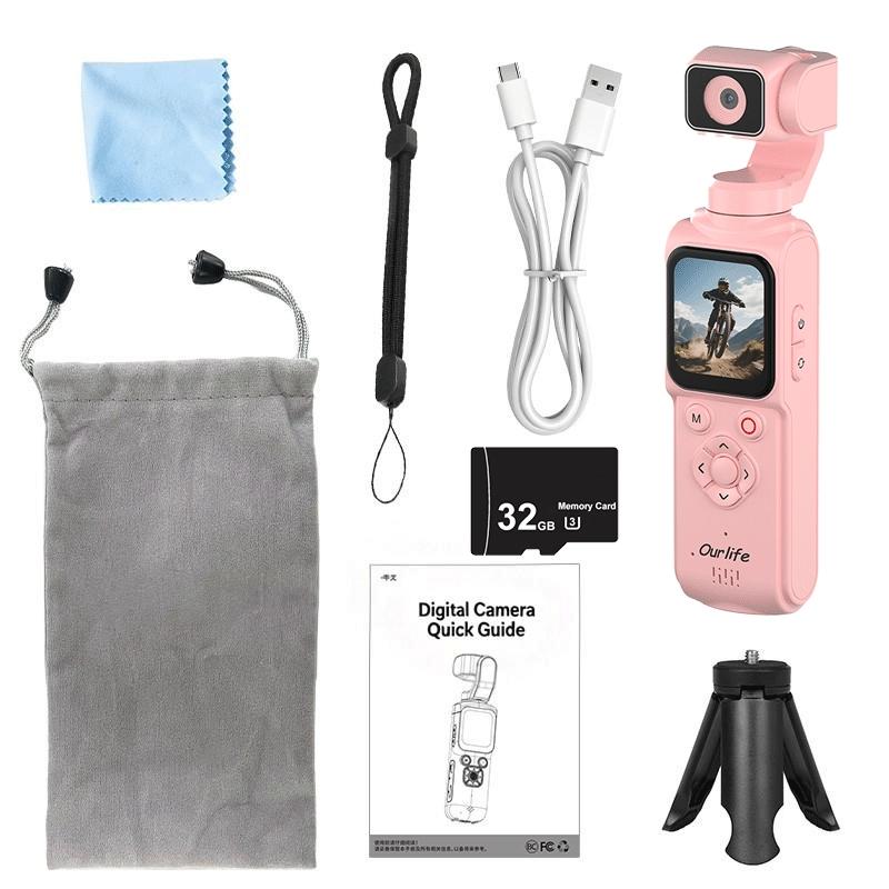 Ourlife At-M105 Camera with 32GB Memory Card, 1 Inch Cmos 4K Video, Three-Axis Gimbal Stabilizer, Fast Focus, Face Recognition, Portable Camcorder