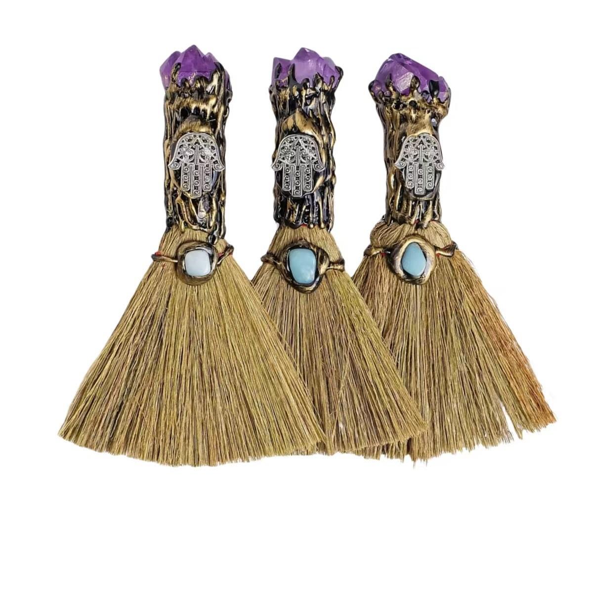 Natural Amethyst Fatima Handheld Mini Witch Broom, Vintage Handmade Magic Broom, Turquoise & Amethyst, Natural Straw Bristles, Healing Energy
