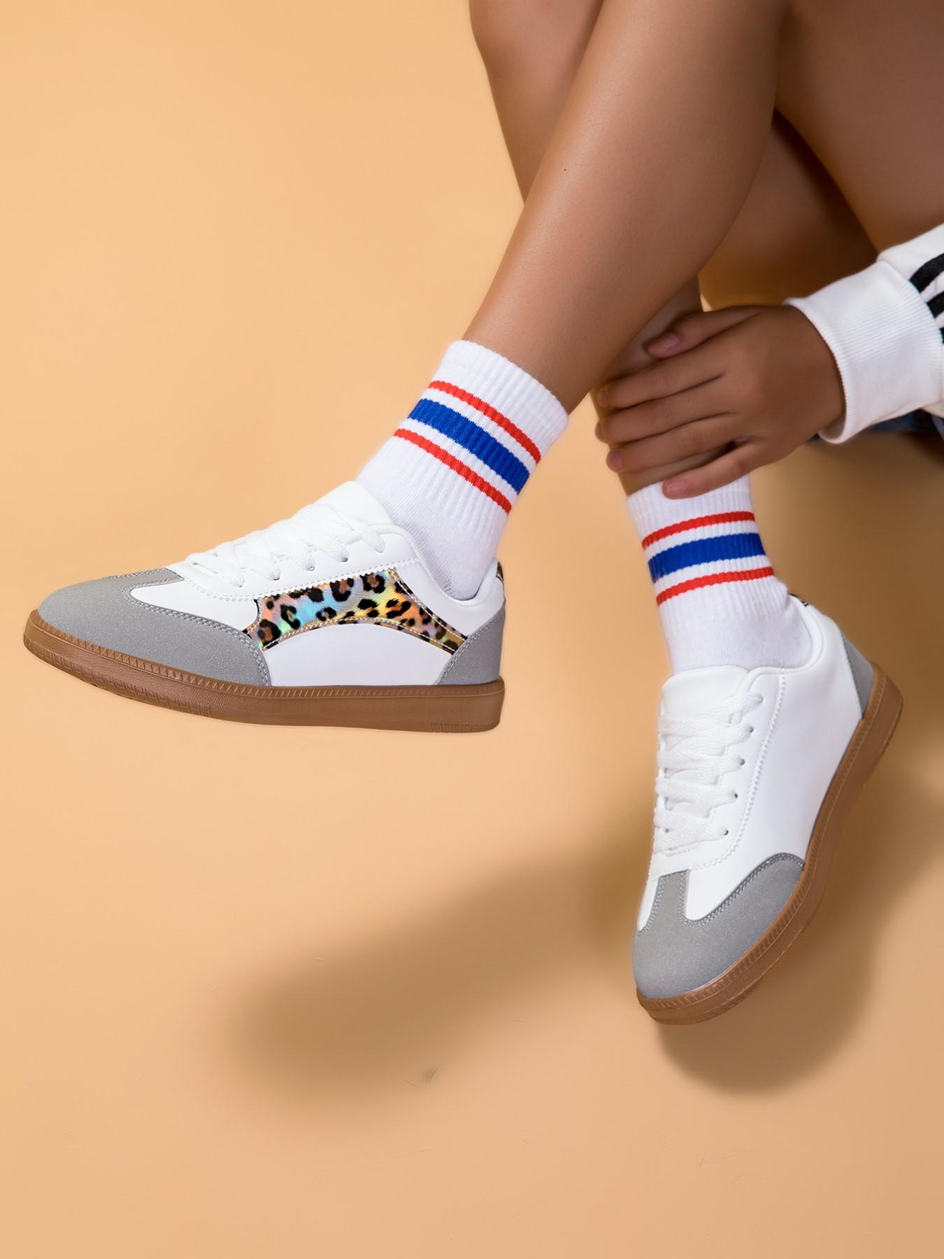 Dn. Monkeys Unisex Retro Leopard Print Sneakers, Laser Cut Patchwork Design, Casual Low Top PU Leather Shoes, All Seasons Comfort