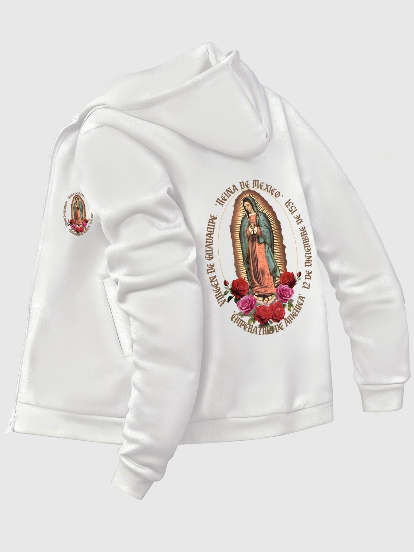 Men's Guadalupe Print Zip Up Hoodie, Casual Regular Fit Long Sleeve Hooded Sweatshirt for Fall & Winter, Men's Top for Daily Wear, Flower Hoodies