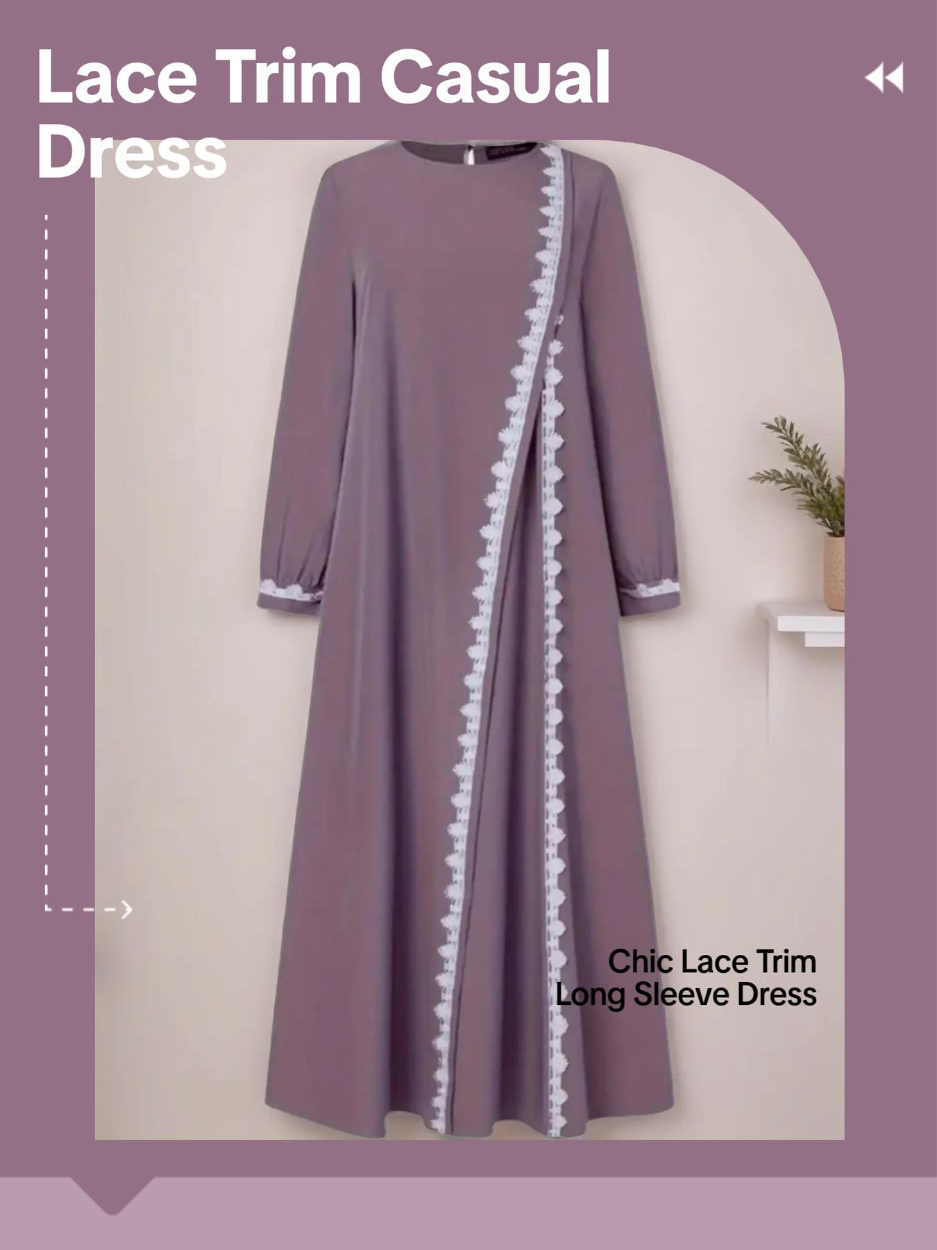 Women's Fashion Long Sleeve Round Neck Solid Color Casual Dress, Long Sleeve Dresses, Elegant Lace Trim Robe Style, Perfect for Daily Wear & Special Occasions, Muslim Outfits
