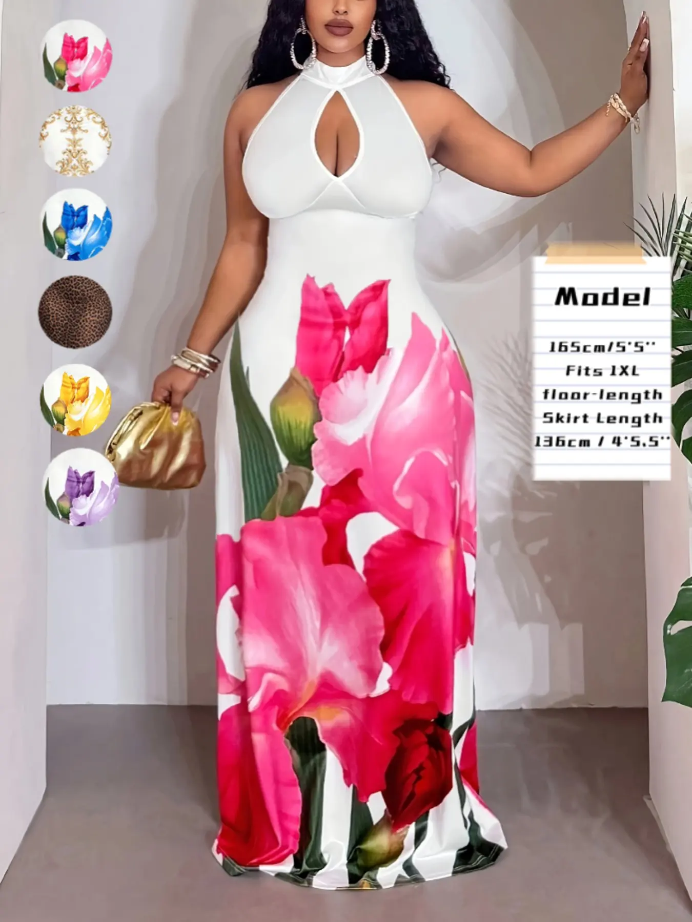 Plus Size Floral Print Halter Cut Out Bodycon Dress, Sexy Sleeveless Maxi Dress, Summer Wear