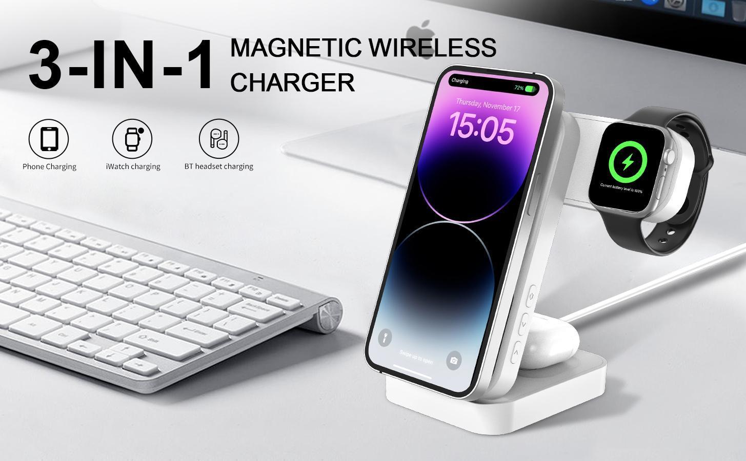 S1-A Folding 3-in-1 Magnetic Wireless Charging Station with Digital Clock - Fast Qi Charger for Qi-Enabled Cellphones, Wearables & Earbuds, Desk & Travel Portable Electronic Accessories Dock Stand